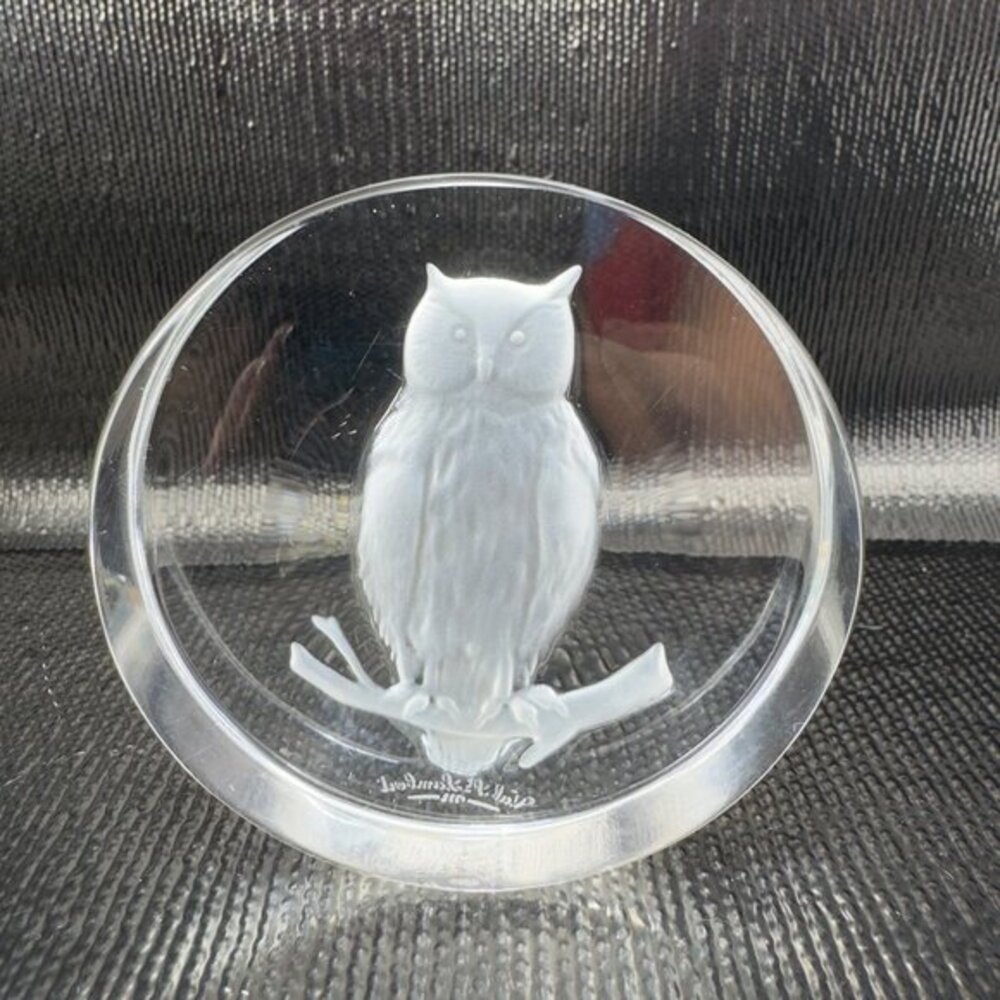 Val Saint Lambert Intaglio Perched Owl Glass‎ Paperweight Signed Clear Crystal
